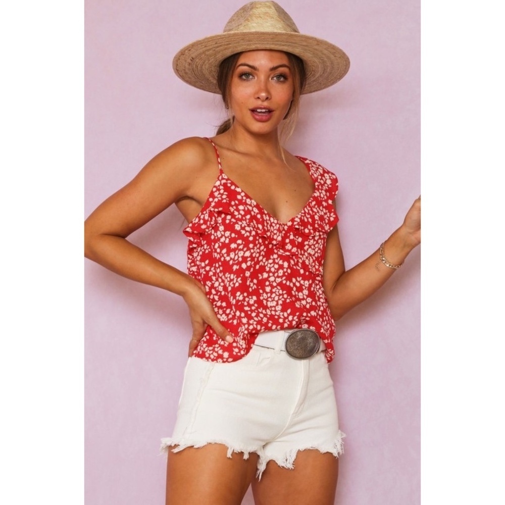 Fantastic Fawn Red Ditzy Floral Ruffle V Neck Cami Top - Picture 6 of 10